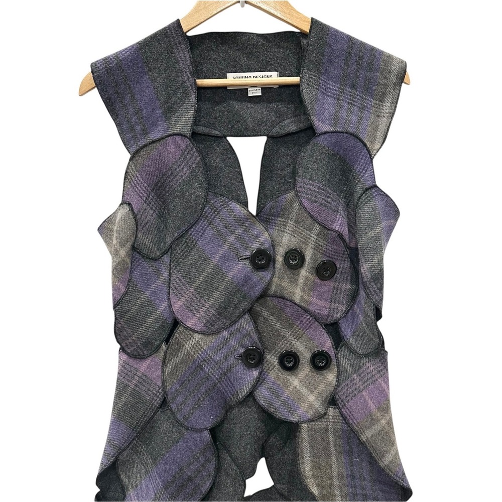 Sohung Designs Purple Grey Plaid Avant Garde Layered Petal Longline Vest Womens